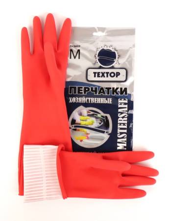 Перчатки хозяйственные латексные с длинной манжетой и х/б напыл. MASTERSAFE, TEXTOP, размер M