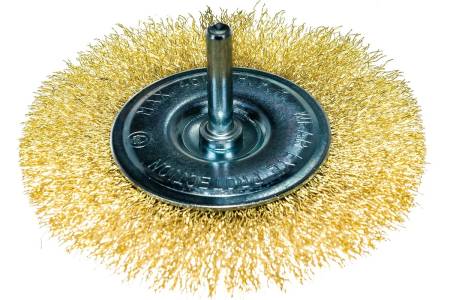 картинка Щетка для дрели плоская со шпилькой 100 мм (латунированная витая проволока), MATRIX 