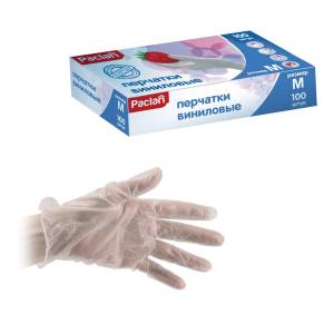 картинка Перчатки виниловые неопудренные прозрачные M (100 шт. в пач) Paclan
