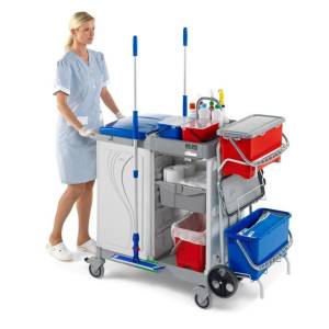 картинка Тележка многофункциональная ACG, ведра 2х15 и 2х12 с держателем для мусорного мешка, каркас металл с двумя полками  